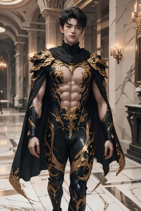 absurdres, intricate details, masterpiece, best quality, high resolution, 8k,
1boy, (marb1e4rmor, marble bodysuit:1.2), cape,
looking at viewer, smirk, Manhuanan,
(muscular, large pectorals, abs), shiny white skin,
detailed face, red eyes, black hair, eye reflection, blue necklace,
indoors, (full body:0.7), marble,
detailed background, cinematic lighting
<lora:chinesemalelikeness3:0.5> <lora:NIJI卿¼«ç·é£æ ¼_v1.0:0.6> <lora:Clothing - Gold Black Marble Armor:0.6>