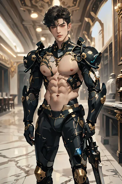absurdres, intricate details, masterpiece, best quality, high resolution, 8k,
(1boy:1.3), (marb1e4rmor, marble exosuit, glowing weapon:1.3),
looking at viewer, smirk, Manhuanan,
(muscular, large pectorals, abs), shiny white skin,
detailed face, red eyes, black hair, eye reflection, blue necklace,
indoors, (full body:0.8),
detailed background, cinematic lighting
<lora:chinesemalelikeness3:0.5> <lora:NIJI卿¼«ç·é£æ ¼_v1.0:0.5> <lora:Clothing - Gold Black Marble Armor:0.6>