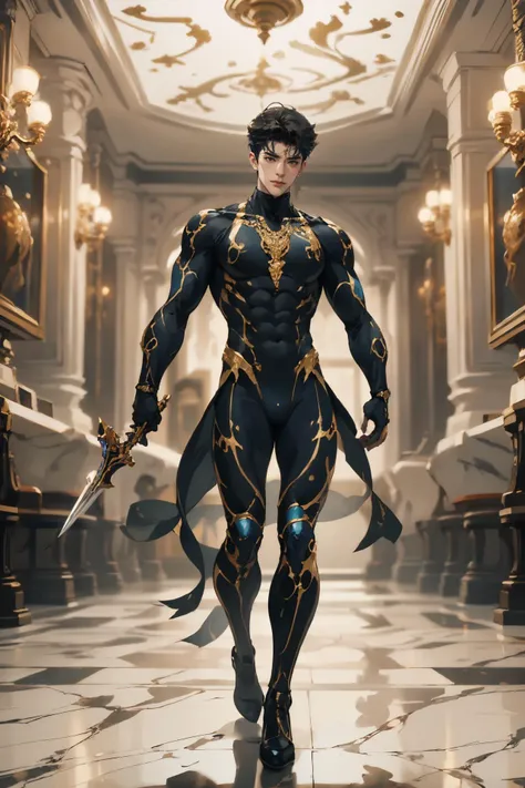 absurdres, intricate details, masterpiece, best quality, high resolution, 8k,
(1boy:1.3), (marb1e4rmor, marble bodysuit, glowing weapon:1.3),
looking at viewer, smirk, Manhuanan,
(muscular, large pectorals, abs), shiny white skin,
detailed face, red eyes, black hair, eye reflection, blue necklace,
indoors, (full body:0.8),
detailed background, cinematic lighting
<lora:chinesemalelikeness3:0.5> <lora:NIJI卿¼«ç·é£æ ¼_v1.0:0.5> <lora:Clothing - Gold Black Marble Armor:0.6>