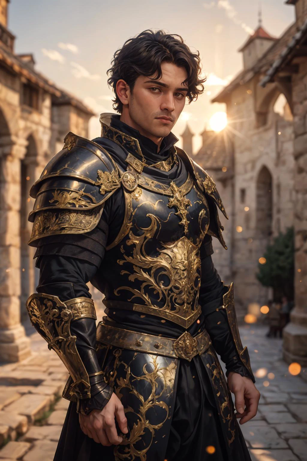 face portrait of a man, wearing (medieval full armor), outdoors, intense sunlight, far away castle, bokeh, depth of field, sunset, muscular, <lora:Clothing - Gold Black Marble Armor:0.6> marb1e4rmor, marble, masterpiece, best quality, detailed background, depth of field, intricate details