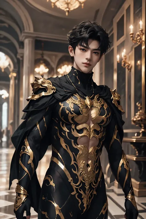 Create the image of a young boy of 20 years, Thai, handsome, who has silver and bright eyes, he is a sorcerer, from the narix up he wears a black mask and wears black gala clothes, behind him, rising in the night, has a Victorian mansion of stone. NIGHT SCENE