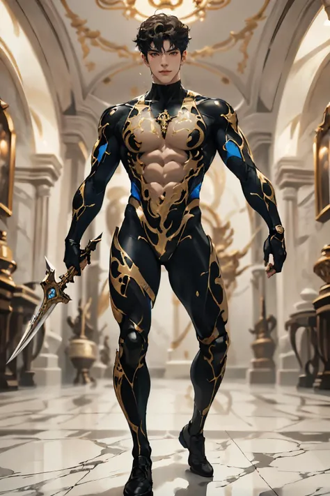 absurdres, intricate details, masterpiece, best quality, high resolution, 8k,
(1boy:1.3), (marb1e4rmor, marble bodysuit, glowing weapon:1.3),
looking at viewer, smirk, Manhuanan,
(muscular, large pectorals, abs), shiny white skin,
detailed face, red eyes, black hair, eye reflection, blue necklace,
indoors, (full body:0.8),
detailed background, cinematic lighting
<lora:chinesemalelikeness3:0.5> <lora:NIJI卿¼«ç·é£æ ¼_v1.0:0.5> <lora:Clothing - Gold Black Marble Armor:0.6>