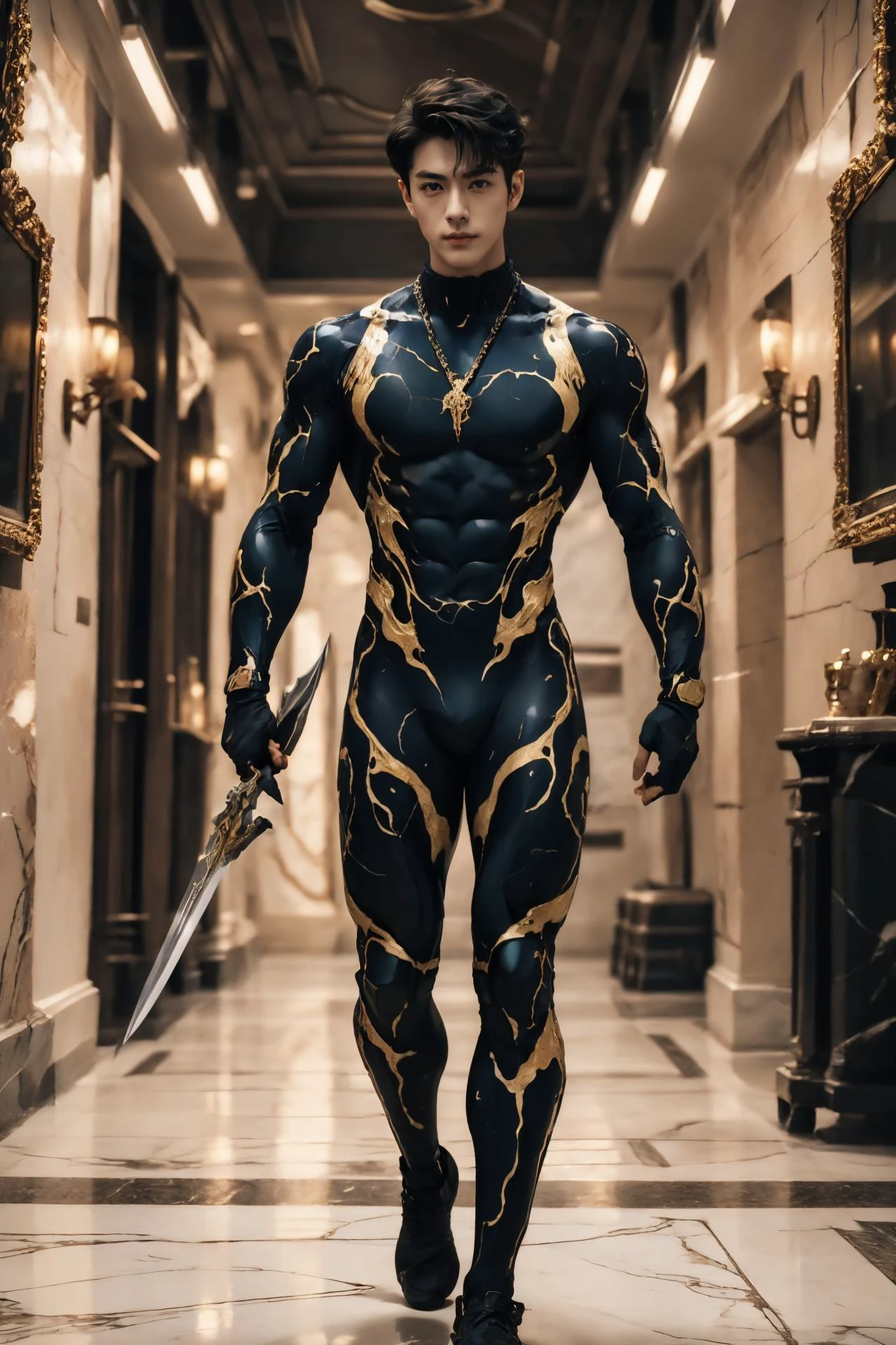 absurdres, intricate details, masterpiece, best quality, high resolution, 8k,
(1boy:1.3), (marb1e4rmor, marble bodysuit, weapon:1.2),
looking at viewer, smirk, Manhuanan,
(muscular, large pectorals, abs), shiny white skin,
detailed face, red eyes, black hair, eye reflection, blue necklace,
indoors, (full body:0.8),
detailed background, cinematic lighting
<lora:chinesemalelikeness3:0.5> <lora:NIJI卿¼«ç·é£æ ¼_v1.0:0.5> <lora:Clothing - Gold Black Marble Armor:0.6>