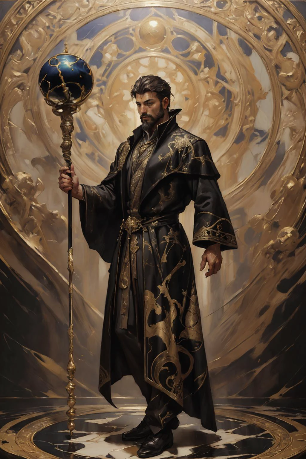 a man wearing marble long coat, marb1e4rmor, royal clothes, (holding staff), beard, (50 years old), solo, floating marble orb, casting spell <lora:Clothing - Gold Black Marble Armor:0.2>, masterpiece, intricate details, (surreal), ((oil painting \(medium\))), fantasy art, concept art, by greg rutkowski, dynamic pose, dynamic angle