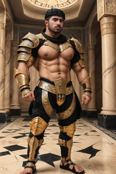 best quality, masterpiece, <lora:fmounshed-14:0.75> fmounshed, facial hair, arabesque, digital illustration, looking at viewer, mysterious expression, (ethereal abstract islamic art), BREAK <lora:Clothing - Gold Black Marble Armor:0.7> marb1e4rmor, marble islamic armor, Islamic geometric designs, soft lighting, intricate patterns, calligraphy, Arabic script, tight-fitting armor, pecs, biceps, stomach, detailed background