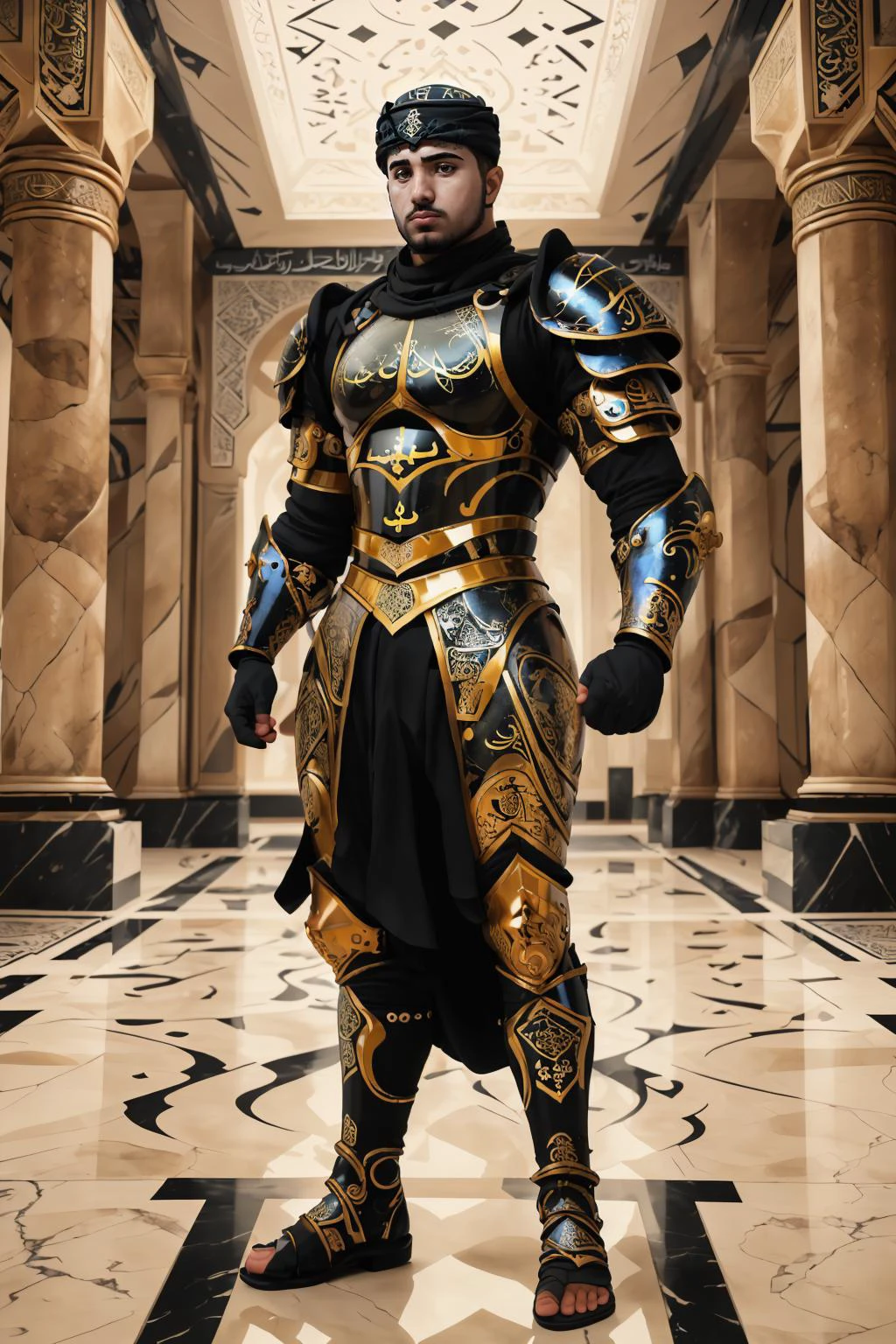 best quality, masterpiece, <lora:fmounshed-14:0.75> fmounshed, facial hair, digital illustration, looking at viewer, mysterious expression, (ethereal abstract islamic art), BREAK <lora:Clothing - Gold Black Marble Armor:0.8> marb1e4rmor, marble arabesque armor, Islamic geometric designs, soft lighting, intricate patterns, calligraphy, Arabic script, tight-fitting partial armor