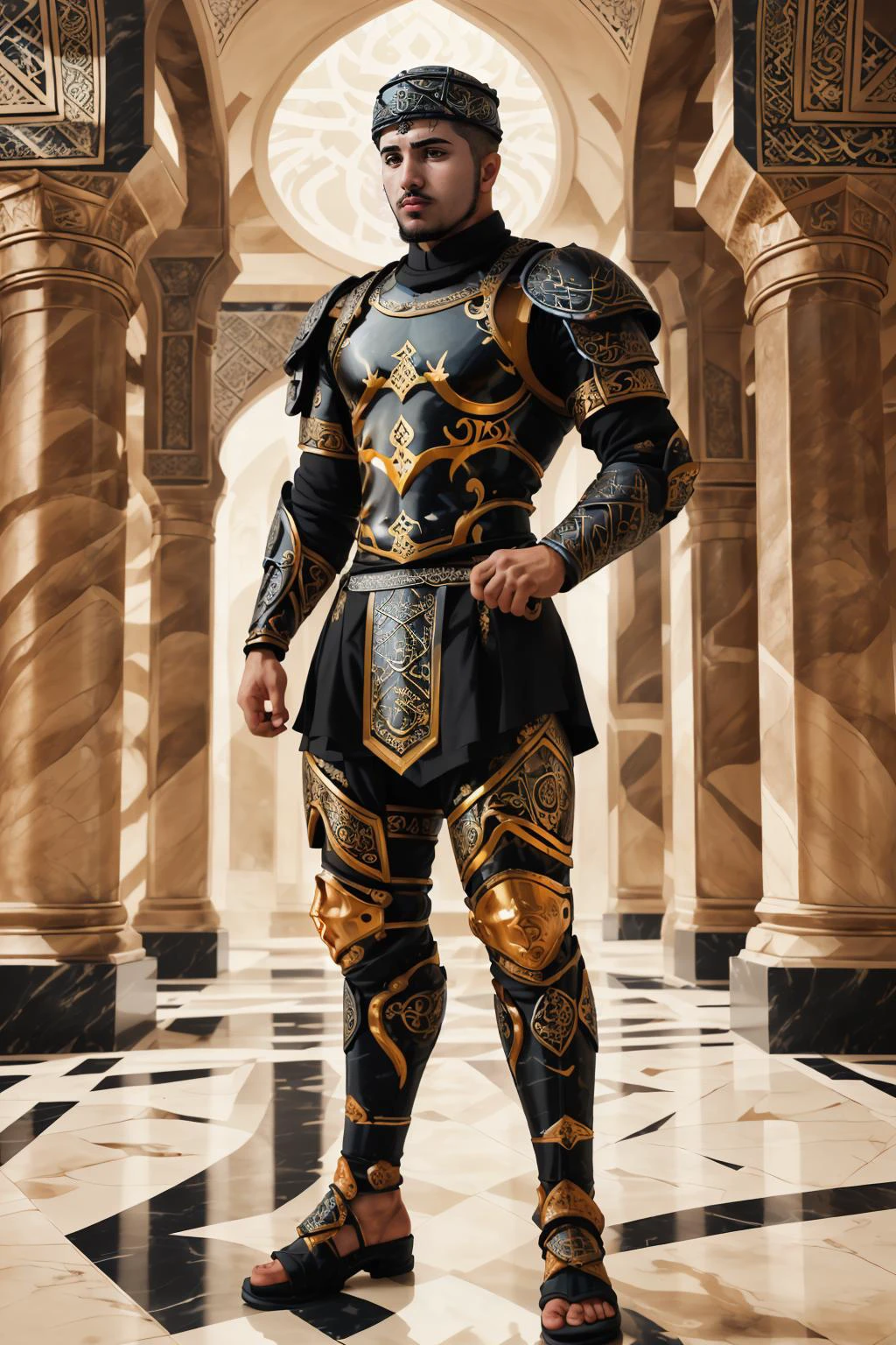 best quality, masterpiece, <lora:fmounshed-14:0.75> fmounshed, facial hair, digital illustration, looking at viewer, mysterious expression, (ethereal abstract islamic art), BREAK <lora:Clothing - Gold Black Marble Armor:0.8> marb1e4rmor, marble arabesque armor, Islamic geometric designs, soft lighting, intricate patterns, calligraphy, Arabic script, tight-fitting armor