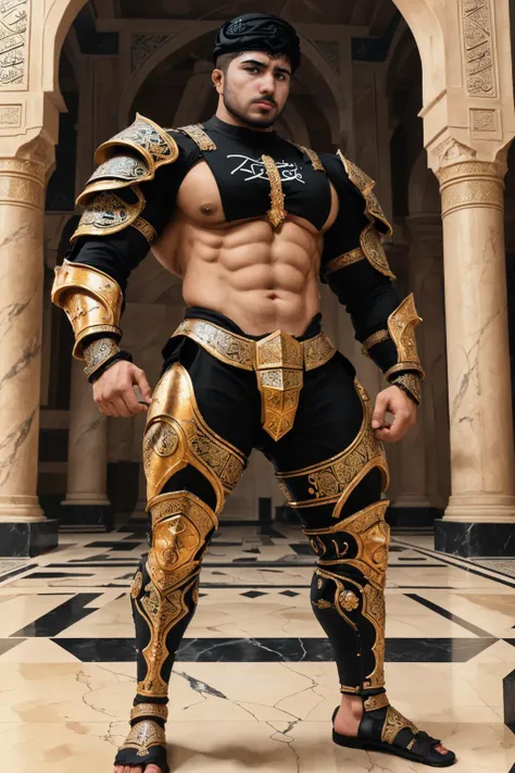 best quality, masterpiece, <lora:fmounshed-14:0.75> fmounshed, facial hair, digital illustration, looking at viewer, mysterious expression, (ethereal abstract islamic art), BREAK <lora:Clothing - Gold Black Marble Armor:0.7> marb1e4rmor, marble arabesque armor, Islamic geometric designs, soft lighting, intricate patterns, calligraphy, Arabic script, tight-fitting armor, pecs, biceps, stomach, detailed background