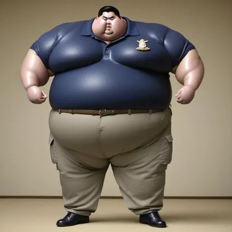 <lora:runga8:0.9>male focus, 1boy, superchub, big belly, sumo, solo, standing, thick arms, full body, fat, black hair, fat man,obese,fattest,(navy polo shirt:2.5),(cargo pants:3.5)