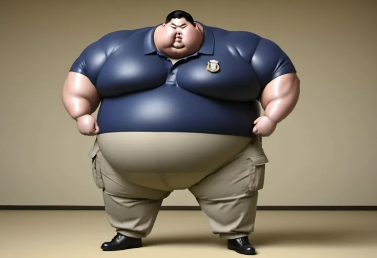 <lora:runga8:0.9>male focus, 1boy, superchub, big belly, sumo, solo, standing, thick arms, full body, fat, black hair, fat man,obese,fattest,(navy polo shirt:2.5),(cargo pants:3.5)