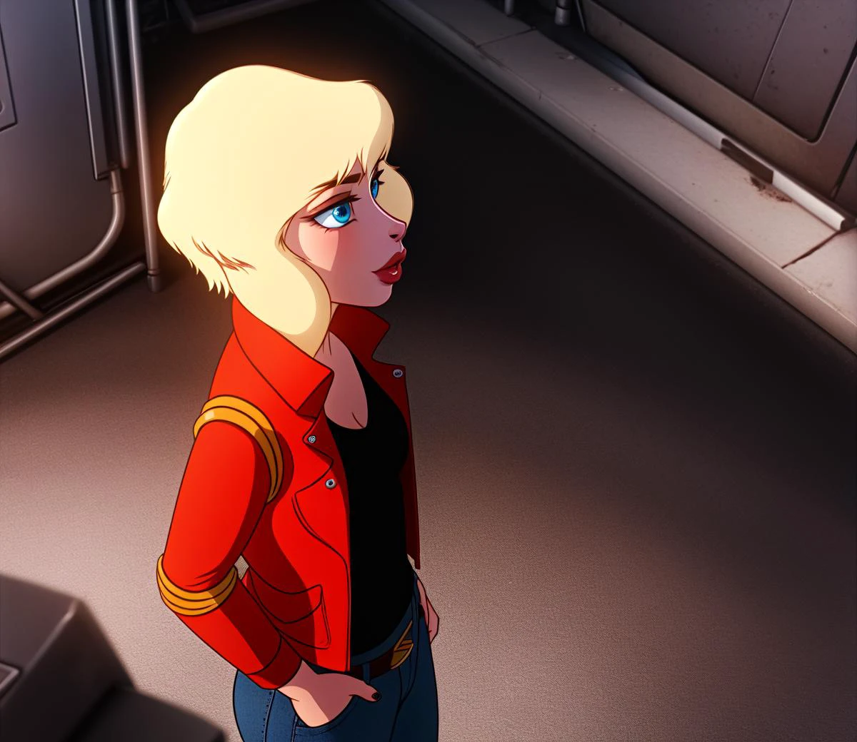 detailed background, solo, ang3l, blonde hair, blue eyes, lips, red jacket, black shirt, high-angle view, three-quarter view, front view <lora:AngelRR-01-BB95:1>