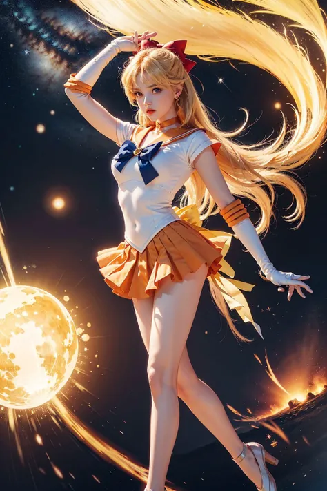 masterpiece, best quality, highres, sv1, <lora:sailor_venus_v2:0.7>, 1girl, solo, sailor senshi uniform, sailor venus, blonde hair, magical girl, (blue eyes:0.8), orange skirt, elbow gloves, tiara, pleated skirt, hair bow, orange sailor collar, miniskirt, choker, red bow, orange choker, white gloves, very long hair, jewelry, earrings, <lora:GirlfriendMix2:0.8>, close-up, full body, dynamic posture, Cosmic background, shooting star, strong light beam,