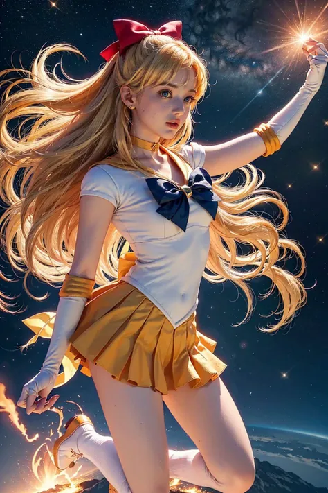 masterpiece, best quality, highres, sv1, <lora:sailor_venus_v2:0.7>, 1girl, solo, sailor senshi uniform, sailor venus, blonde hair, magical girl, (blue eyes:0.8), orange skirt, elbow gloves, tiara, pleated skirt, hair bow, orange sailor collar, miniskirt, choker, red bow, orange choker, white gloves, very long hair, jewelry, earrings, <lora:GirlfriendMix2:0.8>, close-up, full body, dynamic posture, Cosmic background, shooting star, strong light beam,