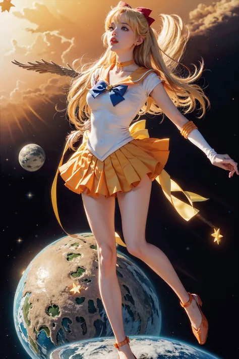 masterpiece, best quality, highres, sv1, <lora:sailor_venus_v2:0.7>, 1girl, solo, sailor senshi uniform, sailor venus, blonde hair, magical girl, (blue eyes:0.8), orange skirt, elbow gloves, tiara, pleated skirt, hair bow, orange sailor collar, miniskirt, choker, red bow, orange choker, white gloves, very long hair, jewelry, earrings, <lora:GirlfriendMix2:0.8>, close-up, full body, dynamic posture, Cosmic background, shooting star, strong light beam,