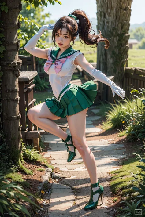 (masterpiece, best quality:1.4), (full body:1.5), (standing:1.4), (from back:1.5), (ass focus), sexy pose, 1girl, solo, hmjupiter, (green eyes), ponytail, (tiara:1.2), jewelry, (sailor senshi uniform:1.5), green sailor collar, choker, elbow gloves, white gloves, pink bow, brooch, white leotard, green skirt, pleated skirt:1), beautiful face, highly detailed face, highly detailed eyes, highly detailed skin, skin pores, subsurface scattering, realistic pupils, medium breast, sexy smile, full face blush, full lips, sakura trees background, subsurface scattering, detailed background, depth of field, volumetric lighting, sharp focus, absurdres, realistic proportions, good anatomy, (realistic, hyperrealistic:1.4), 16k hdr,