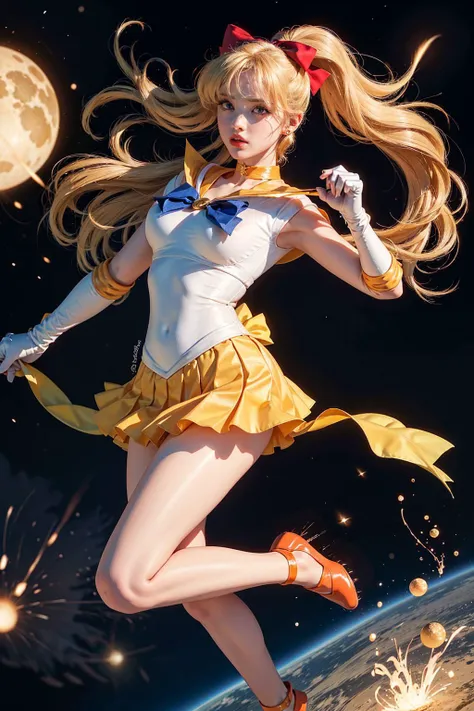 masterpiece, best quality, highres, sv1, <lora:sailor_venus_v2:0.7>, 1girl, solo, sailor senshi uniform, sailor venus, blonde hair, magical girl, (blue eyes:0.8), orange skirt, elbow gloves, tiara, pleated skirt, hair bow, orange sailor collar, miniskirt, choker, red bow, orange choker, white gloves, very long hair, jewelry, earrings, <lora:GirlfriendMix2:0.8>, close-up, full body, dynamic posture, Cosmic background, shooting star, strong light beam,