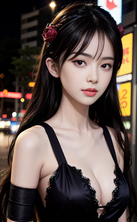 <lora:GirlfriendMix2:1> 1girl, Tokyo street,night, cityscape,city lights, upper body,close-up, 8k, RAW photo, best quality, masterpiece,realistic, photo-realistic,headgear of red rose, parted bangs, long hair,