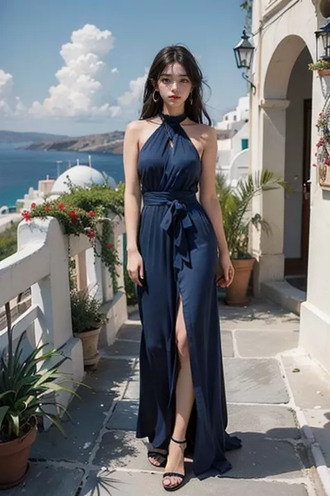 best quality, ultra high res, (photorealistic:1.4),depth of field,
1girl,(full body),(dark_blue_dress),halterneck,long_dress,bare shoulders,earrings,(Princess haircut),Elegant long hair, half tied
Greece,Santorini,ocean,Blue and white architecture,blue sky and white clouds,plant,town, street
<lora:GirlfriendMix2:0.6>