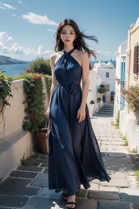best quality, ultra high res, (photorealistic:1.4),depth of field,
1girl,(full body),(dark_blue_dress),halterneck,long_dress,bare shoulders,earrings,(Princess haircut),Elegant long hair, half tied
Greece,Santorini,ocean,Blue and white architecture,blue sky and white clouds,plant,town, street
<lora:GirlfriendMix2:0.6>