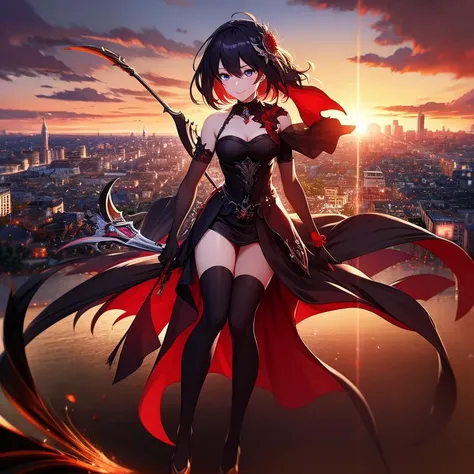 (8k, best quality, masterpiece:1.2), ultra-detailed, Masterpiece, realistic lighting,masterpiece, best quality, masterpiece, official art,extremely detailed, 8k wallpaper,beautiful detailed eyes, light on face, 1girl, Seele, (full body:1.2), red, grimness, sickle, city, explore <lora:Seele:1>