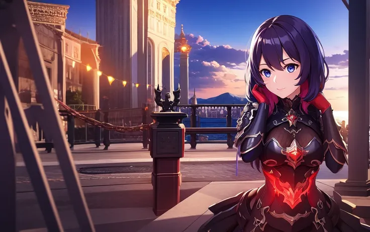 (8k, best quality, masterpiece:1.2), ultra-detailed, Masterpiece, realistic lighting,masterpiece, best quality, masterpiece, official art,extremely detailed, 8k wallpaper,beautiful detailed eyes, light on face, 1girl, Seele, red, gloves, full body, armor, cold-blooded, city, sea, <lora:Seele:1>