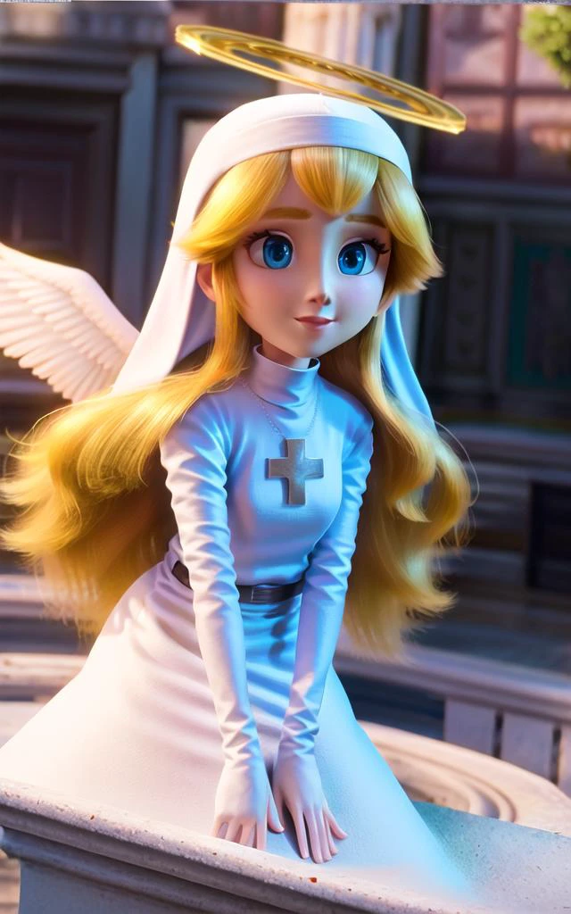 ((best quality)), ((highly detailed)), masterpiece, ((official art)), (detailed eyes, deep eyes), (1girl), ((angel)), angelic, large white wings, symmetrical wings, (halo), golden glow, calm smile, long hair, flowing (nun, habit), (cross), Cosmic latte hair, blue eyes, (floating hair), (clouds), <lora:illuminationStyle_v2Epoch3:.7>, filmic, film grain, depth of field