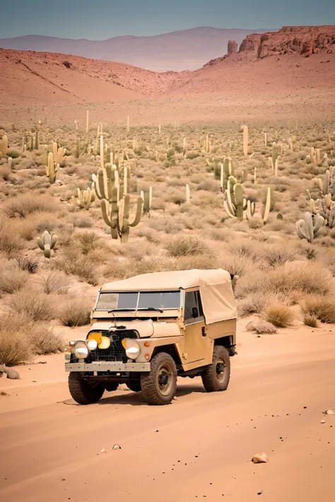A beautiful orange-haired nude woman in an old grey Land Rover Series II pickup truck, side view and shorts with red and white stickers sits on the trunk of the truck, desert, tree, -