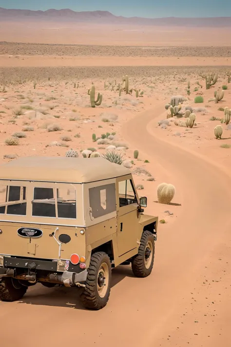 land rover, driving through the desert, cacti, sand, tracks, vultures,
<lora:Land_Rover_Lightweight:1>