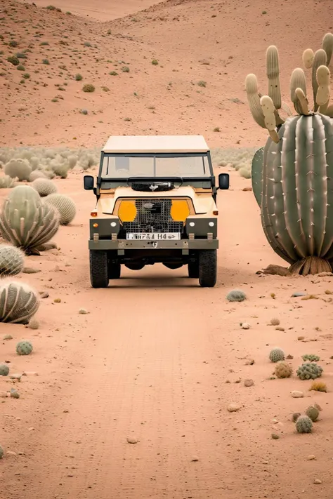 land rover, driving through the desert, cacti, sand, tracks, vultures,
<lora:Land_Rover_Lightweight:1>