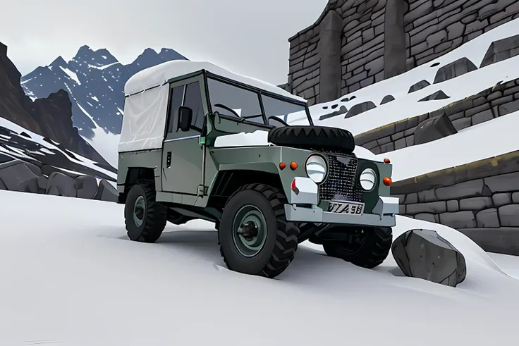 land rover, lightweight, dirty, covered in snow, low angle, 3d, realistic, highly detailed, rocks, stones, mountains in the background,
<lora:Land_Rover_Lightweight:0.6>