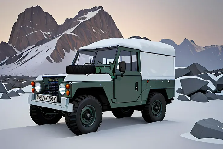 land rover, lightweight, dirty, covered in snow, low angle, 3d, realistic, highly detailed, rocks, stones, mountains in the background,
<lora:Land_Rover_Lightweight:0.6>