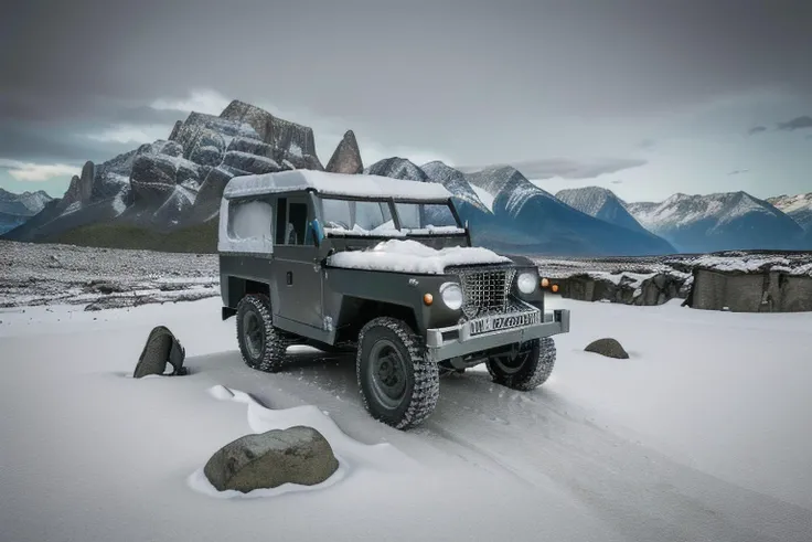 land rover, lightweight, dirty, covered in snow, low angle, 3d, realistic, highly detailed, rocks, stones, mountains in the background,
<lora:Land_Rover_Lightweight:0.6>