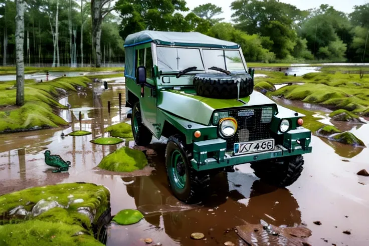 land rover, abandoned in a swamp, half-submerged, rain, mud, frogs, snakes, a crocodile,