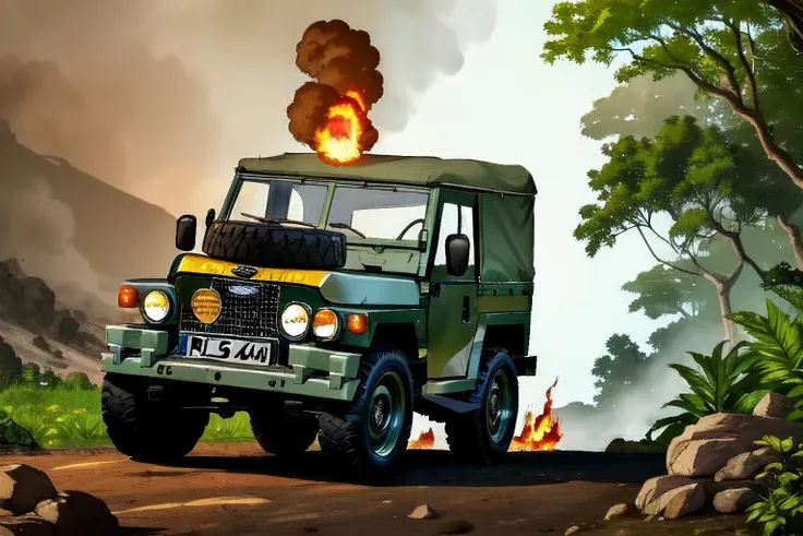 land rover, in the jungle, warzone, fire, explosions, smoke,