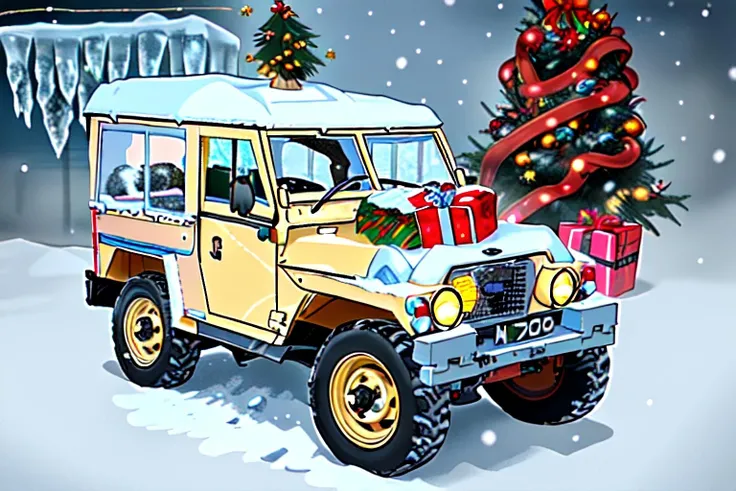 land rover, Xmas, ice covered, snow covered, neatly wrapped , with icicles, icicles, mistletoe, red tinsel, christmas tree, decorations, presents, reindeer, yellow