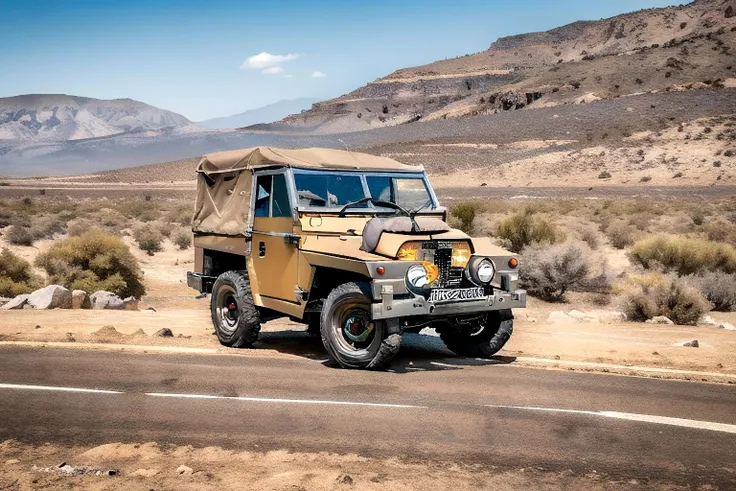 land rover, driving in the desert, dust clouds, goats, mountains, rocks, climbing a slope,