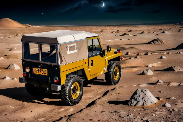 land rover, on the lunar surface, moondust, space, distant earth, lunar lander, (kodachrome color), realistic, detailed,