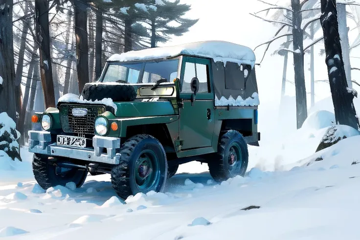 land rover, in the forest, snow, blizzard, mist, soldiers,