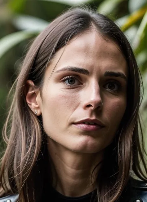 A stunning intricate color close up portrait of (sks woman:1) , wearing Leather jacket and skinny jeans, epic character composition, sharp focus, natural lighting, subsurface scattering, f2, 35mm, film grain, , by Gerda Taro, <lora:lora-small-jordana-brewster-v1:1>