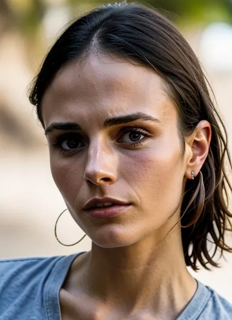 A stunning intricate color close up portrait of (sks woman:1) , wearing tshirt and jeans, epic character composition, sharp focus, natural lighting, subsurface scattering, f2, 35mm, film grain, , by Guy Bourdin, <lora:lora-small-jordana-brewster-v1:1>