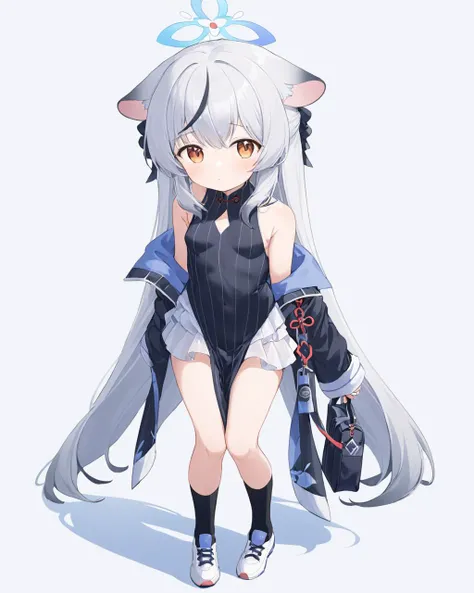 <lora:rinotuna_antropo_sq:1>,
rinotuna, original,
1girl, animal ears, breasts, cat ears, cat tail, finger to face, grey eyes, highres, holding, large breasts, long hair, one eye closed, paw print, robot ears, silver hair, skirt, smile, solo, tail, thigh-highs
