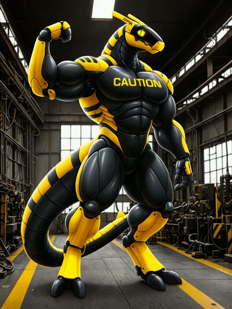 warning sign, CAUTION, DANGER, english text, synth \(vader-san\), solo, anthro, male, detailed background, slit pupils, (robot, cybernetics, cybernetic limb, exoskeleton:1.1), industrial, heavy duty, black and yellow, caution stripes, black body, (yellow body:1.1), yellow eyes, glowing eyes, muscular, big muscles, pecs, biceps, thick thighs, flexing bicep, thick tail, factory, steel, machine, 4 fingers, 2 toes, (trapezius, big trapezius:1.1), full-length portrait, digitigrade, thick calves, window, blue sky, sunlight
