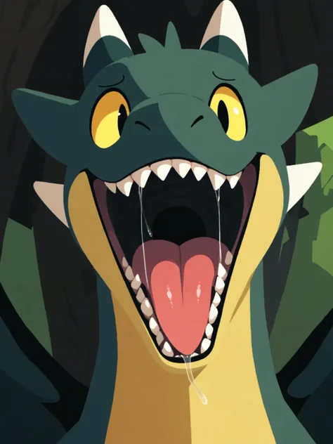 solo, feral, male, dragon, open mouth, mouth shot, saliva string, tongue, teeth, long neck, headshot portrait, detailed background, (by squishy \(artist\):1.1), (flat colors), (lineless:1.1), (cel shading:1.2), by orf, (by kenket:0.8)