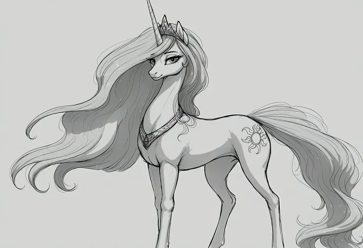 (sketch:1.2), digital drawing \(artwork\), line art
BREAK
a feral female princess celestia standing, detailed fur, long hair, white background