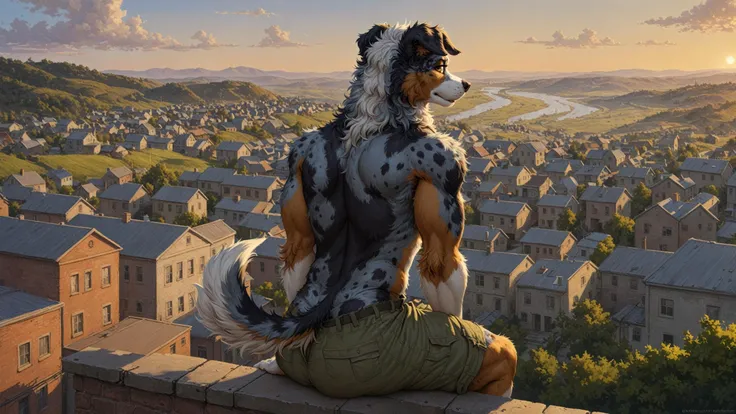 high quality, masterpiece,digital media \(artwork\)
BREAK
an anthro canine sitting on the edge of town, australian shepherd, blue merle, rear view, cargo shorts, detailed fur