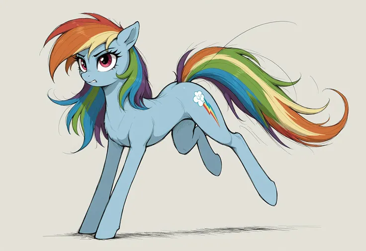 (sketch:1.0), digital drawing \(artwork\), line art, masterpiece, high quality
BREAK
a feral female rainbow dash \(mlp\) standing, detailed fur, long hair, motion lines, action pose, white background