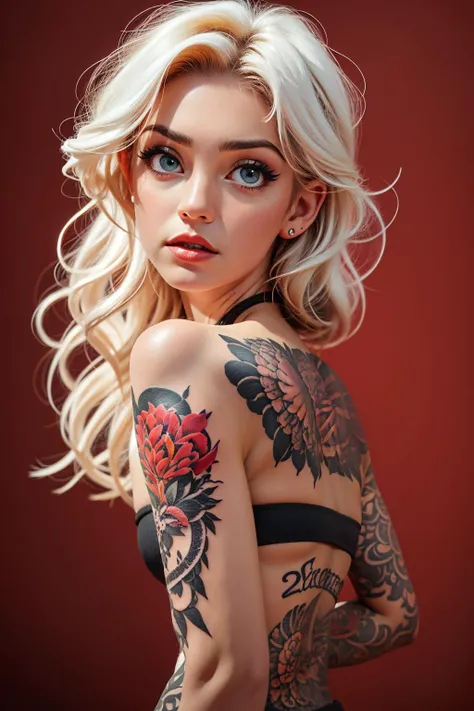 photo of pretty woman, 21 year old woman, (plain photography studio background:1.6), epiC35mm, film grain, (freckles:0.4), upper body shot, (red color plain background:1.6),, arm tattoo, full-body tattoo, tattoo, black bandeau, blond hair, <lora:epi_noiseoffset2:0.8> <lora:0220 nude tattoo_v2:0.5> <lora:Bandeau-fC-V1:1> <lora:realistic:0.8> <lora:lora_perfecteyes_v1_from_v1_160:0.8> photo of perfecteyes eyes, perfecteyes eyes