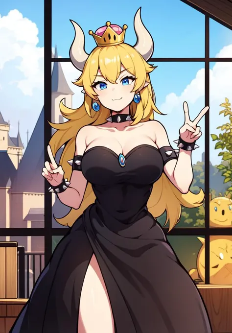 ((masterpiece)), (best quality:1.7), (detailed:1.4), (high res:1.4), 8k, (colorful:1.5), 2d, high resolution, sharped image, 4k, hd, bowsette, (1girl), (solo), blonde hair, blue eyes, spiked brazalets, spiked armlets, spidek choker, super crown, horns, ((white horns)), crown, (pink crown), ponytail, long hair, (middle body), ((thighs)), hands on own face, room, window, clouds, sun, sky, clouds, earrings, blue earrings, chest ornament, ((black dress)), furniture, plants, decoration, ((castle)), (fluffy dress), (curvy body), standing, long dress, smug, closed mouth, (strapless), ((peace symbol)), <lora:bowsette:0.6>, <lora:thickerLinesanimeStyle:0.3>