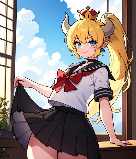 ((masterpiece)), (best quality:1.7), (detailed:1.4), (high res:1.4), 8k, (colorful:1.5), 2d, high resolution, sharped image, 4k, hd, bowsette, (1girl), (solo), blonde hair, blue eyes, medium breasts, spiked brazalets, spided choker, super crown, horns, ((white horns)), crown, (pink crown), ponytail, pointy ears, long hair, (((middle body))), ((thighs)), room, window, clouds, sun, sky, clouds, earrings, blue earrings, chest ornament, ((black dress)), furniture, plants, decoration, ((town)), (curvy body), standing, smug, closed mouth, (((school uniform))), shirt, ((white shirt)), black skirt, pleated skirt, (red bow), ((sailor collar)), <lora:bowsette:0.6>, <lora:thickerLinesanimeStyle:0.3>