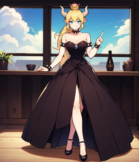 ((masterpiece)), (best quality:1.7), (detailed:1.4), (high res:1.4), 8k, (colorful:1.5), 2d, high resolution, sharped image, 4k, hd, bowsette, (1girl), (solo), blonde hair, blue eyes, spiked brazalets, spiked armlets, spidek choker, super crown, horns, ((white horns)), crown, (pink crown), ponytail, long hair, (full body), ((thighs)), hands on own face, room, window, clouds, sun, sky, clouds, earrings, blue earrings, chest ornament, ((black dress)), furniture, plants, decoration, ((town)), (fluffy dress), (curvy body), standing, long dress, smug, closed mouth, (strapless), ((peace symbol)), high heels, black high heels, <lora:bowsette:0.6>, <lora:thickerLinesanimeStyle:0.3>